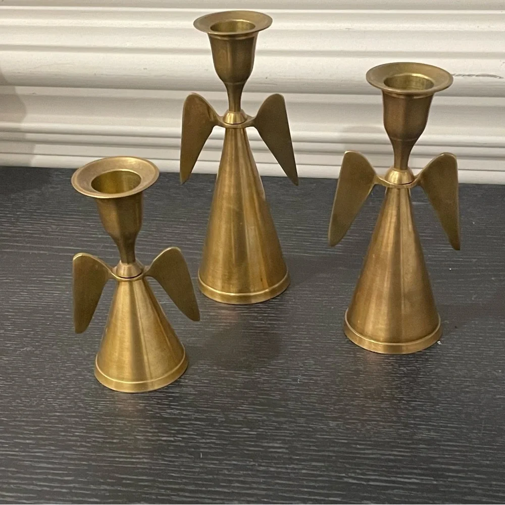 Set Of 3 Mid Century Brass Angel Wing Candle Holder Christmas MCM Taper